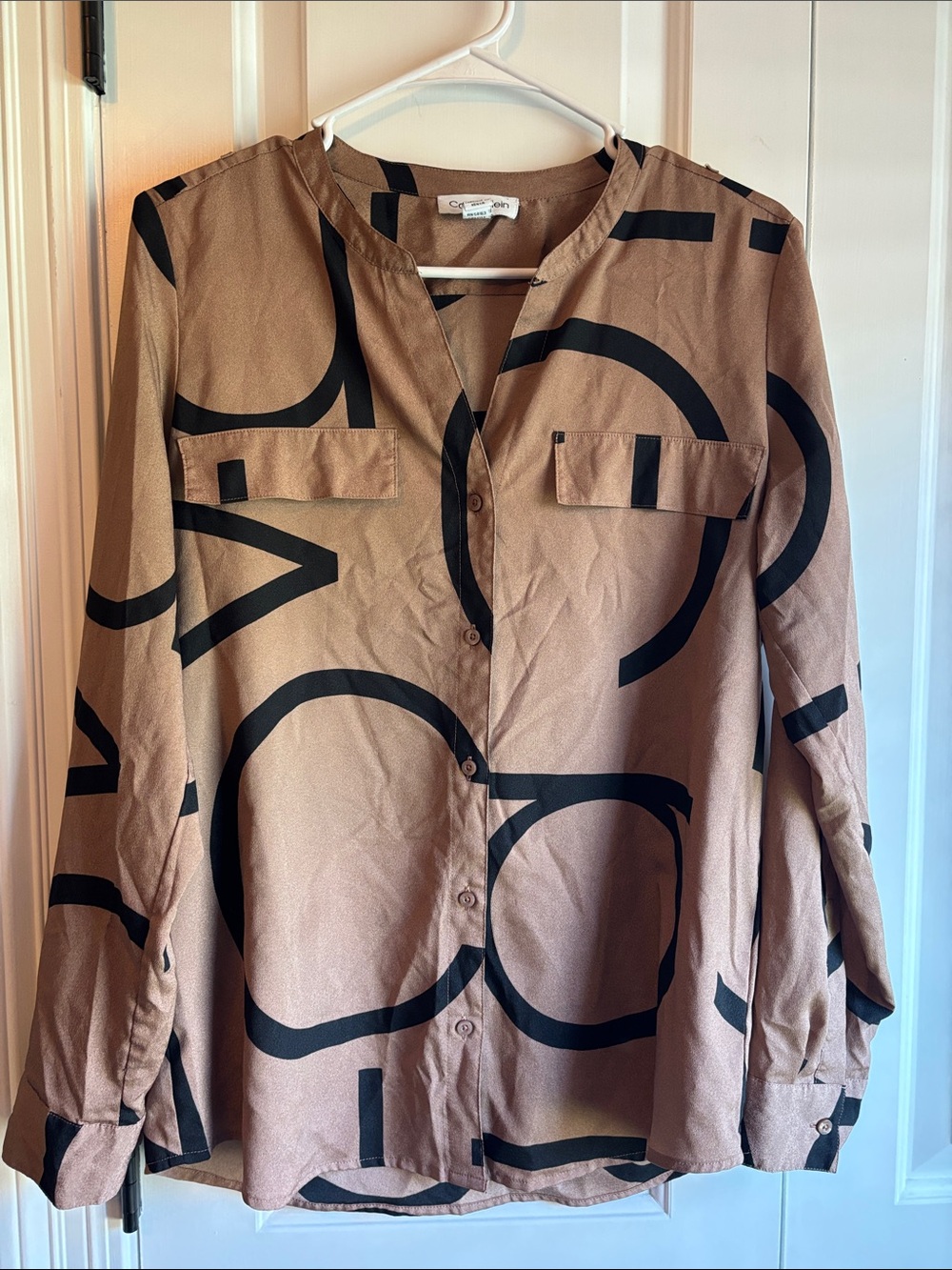 Women's Tan Button-Front Geometric Print Blouse Jacket